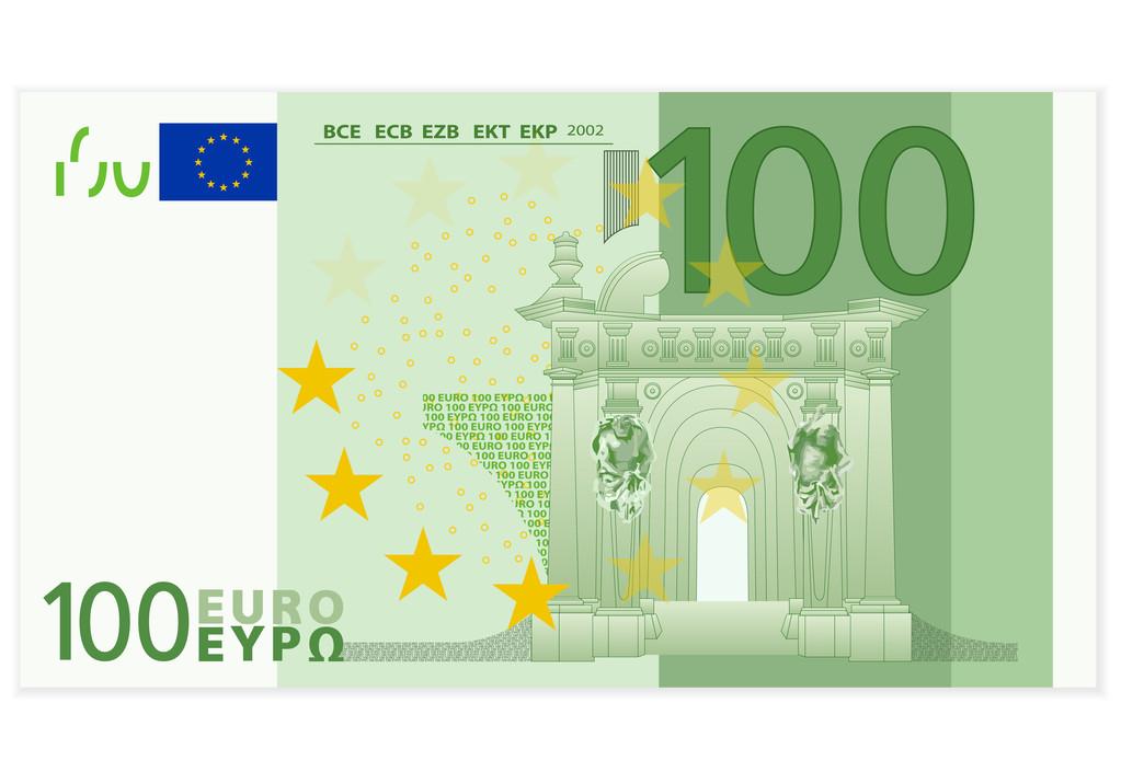 几百欧元钞票,在白色背景上一百欧元钞票.