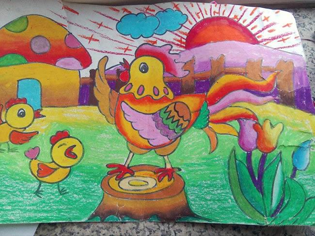 公鸡简单的儿童画优秀作品:公鸡报晓儿童蜡笔画公鸡在动物界可是出了