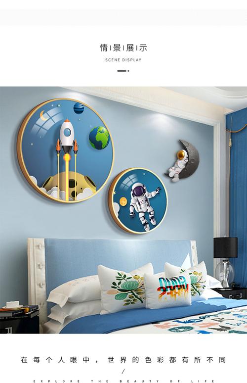 儿童房卧室装饰画太空人宇航员男孩卡通挂画床头房间壁画 星球探险h