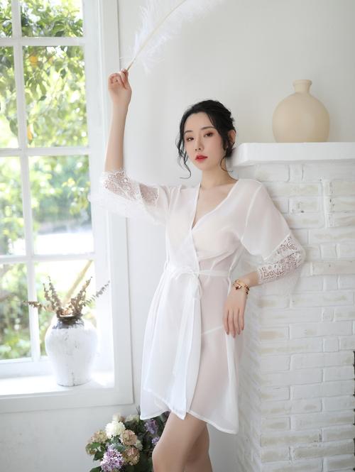 2020夏季新款韩版高端网纱开衫式蕾丝袖睡袍性感bf甜美居家睡裙女