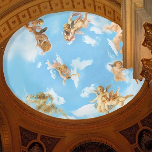 大型欧式油画壁画圆形灯池顶棚天花板墙纸蓝天白云小天使吊顶壁纸