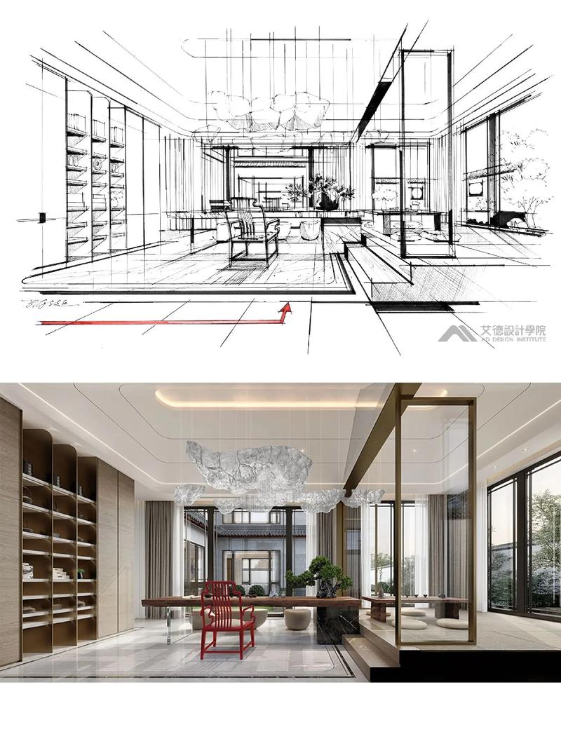 室内设计丨茶室空间一点透视线稿分享.尺规绘图 #手绘 #室内 - 抖音