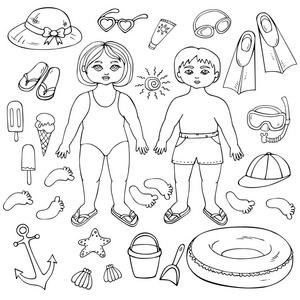泳裤的一个男孩和一个女孩在泳装去海滩一组向量中手工绘制的海滩旅行
