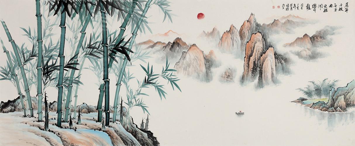 《事事平安万事顺》 (98*238cm)画家李国胜擅于将山水与竹子相融合,将