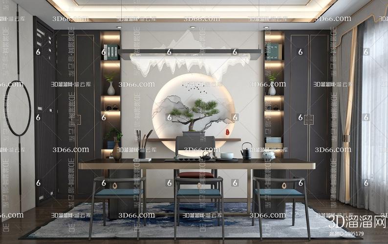 新中式茶室背景墙3d模型下载