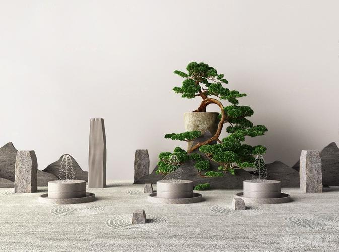 新中式松树石头景观小品