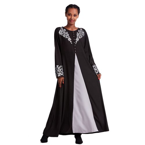mu斯林女装阿拉伯迪拜女士圆领长袍中东民族服装连衣裙印花礼拜服