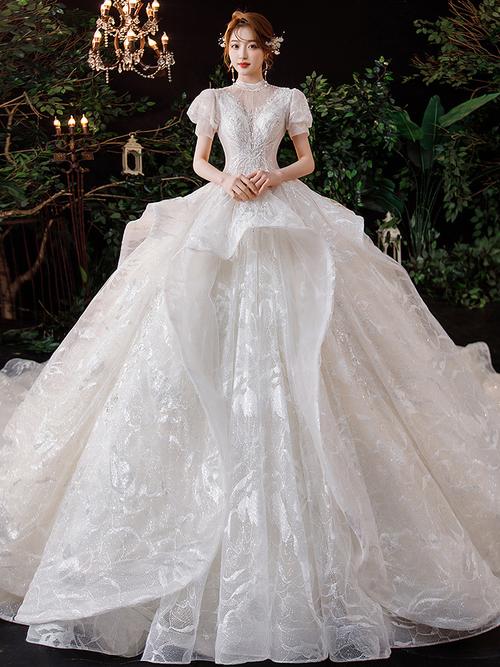 法式婚纱2021新款气质新娘主纱高端重工拖尾婚纱