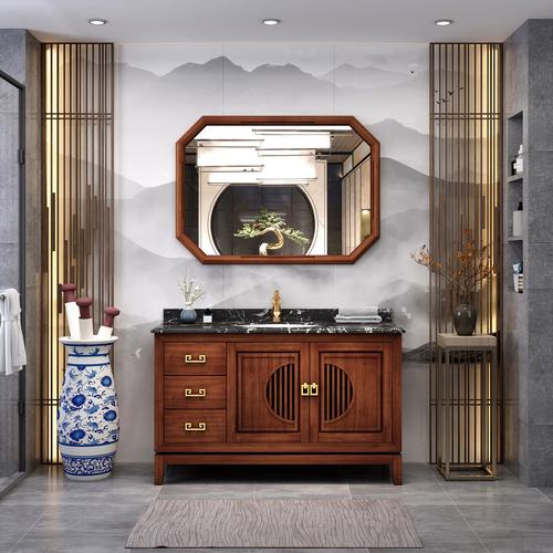 卫浴现代新中式实木浴室柜组合卫生间橡a木洗手池洗脸盆柜洗漱