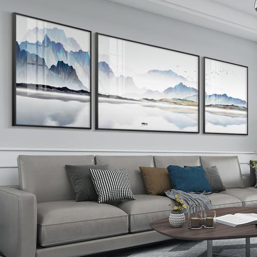 客厅装饰画现代简约沙发背景墙挂画山水画新中式三联大气靠山壁画