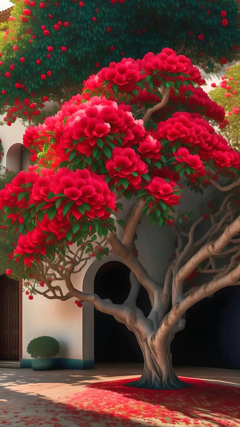 庭院里的红色山茶花美的像秀红了脸的美女.#ai绘画 #好看的 - 抖音