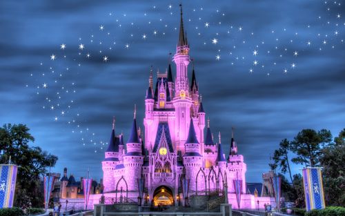 迪士尼乐园城堡,晚上,灯,明星,紫色风格 壁纸 - 1920x1200