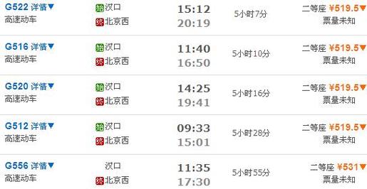 北京西站到汉口火车 多长时间?