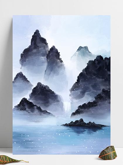 中式山水背景写意淡 i>彩 /i>国画中国风水墨画
