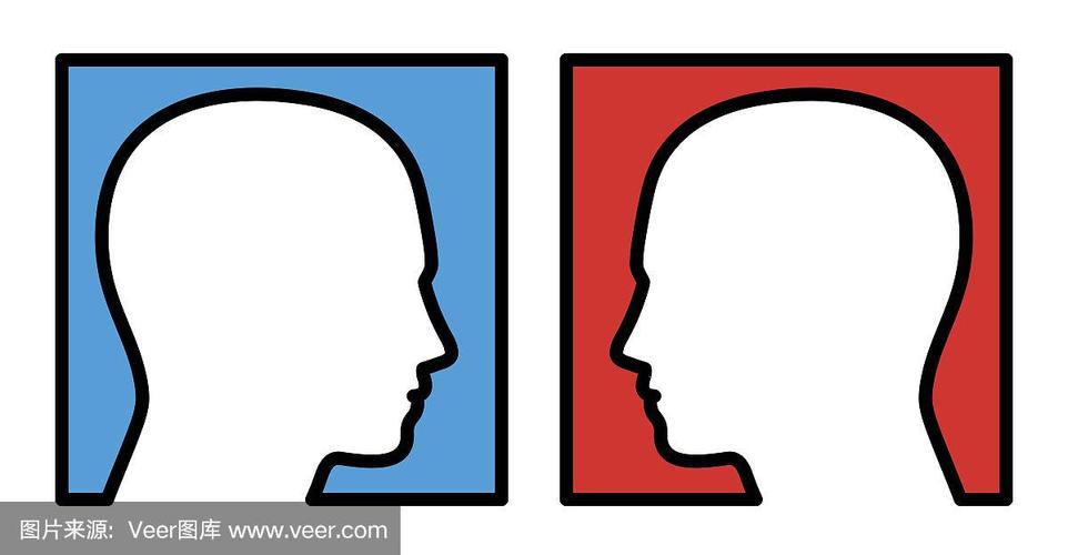 对立——两个人看着对方,以蓝色和红色为背景,象征竞争,对抗,对手