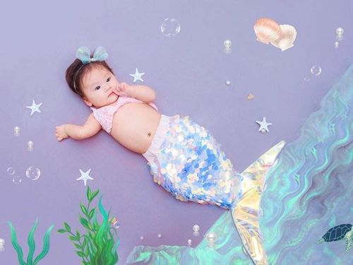 美人鱼主题儿童摄影百天女宝周岁照贝壳海星道具鱼鳞片比基尼现货