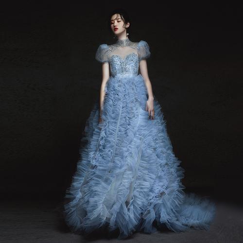 简柒elsa礼服女2021新款新娘主婚纱蓝色梦幻在逃公主仙女长裙