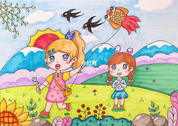 放风筝的小女孩儿童创意画人物场景画春天