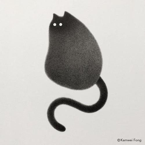 有趣的黑白手绘,毛茸茸的猫咪