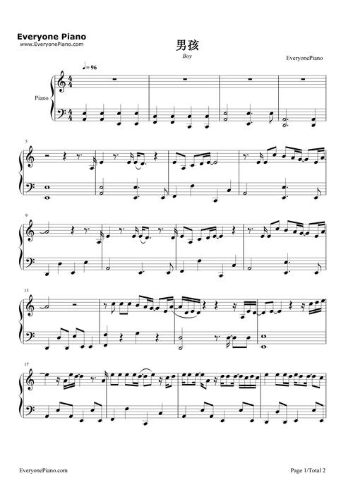 男孩-梁博-钢琴谱文件(五线谱,双手简谱,数字谱,midi,pdf)免费下载