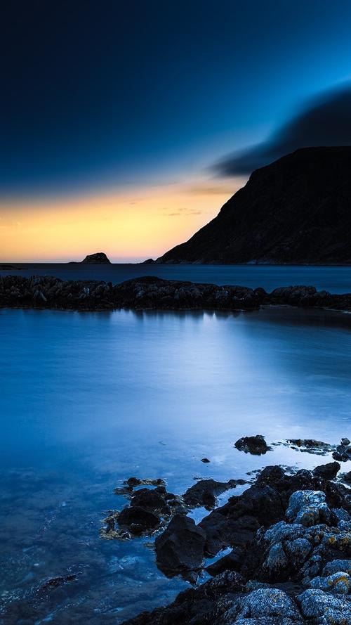 iphone 壁纸 夜,海,岩石,日落,蓝色