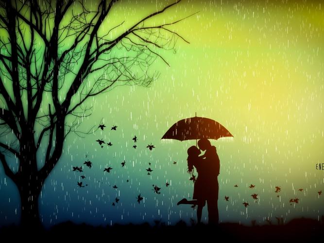浪漫,恋人,树,树叶,下雨天,雨伞,创意设计 壁纸 - 1600x1200