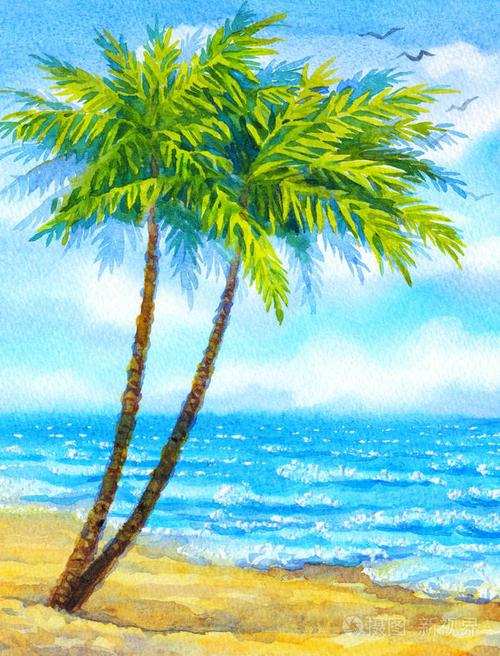 水彩风景.高大的棕榈在沙滩上