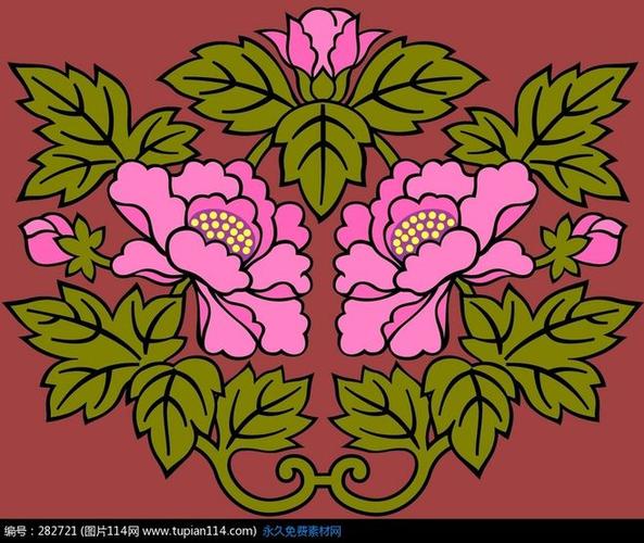 传统线描花卉对称的粉红牡丹花