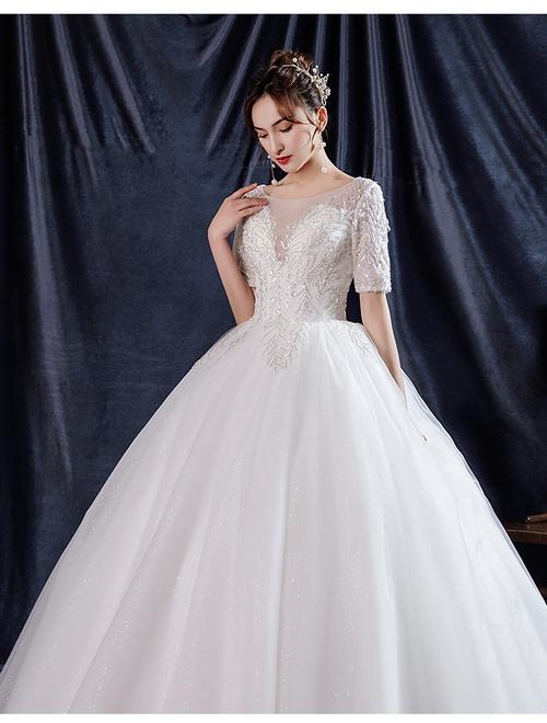 现货婚纱新娘2020新款梦幻韩式齐地小个子一字肩显瘦蕾丝婚纱g33
