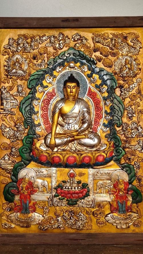 旧藏木框彩绘唐卡西藏佛像 释迦牟尼如来佛一尊 恭请供奉家居装饰挂画