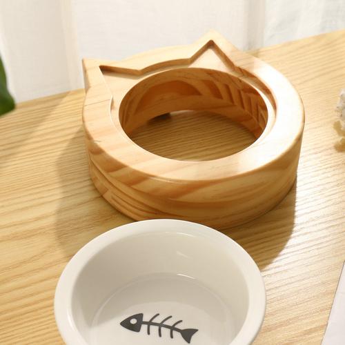 木质陶瓷猫碗倾斜角度猫碗保护颈椎宠物竹木陶瓷碗狗碗宠物碗双碗