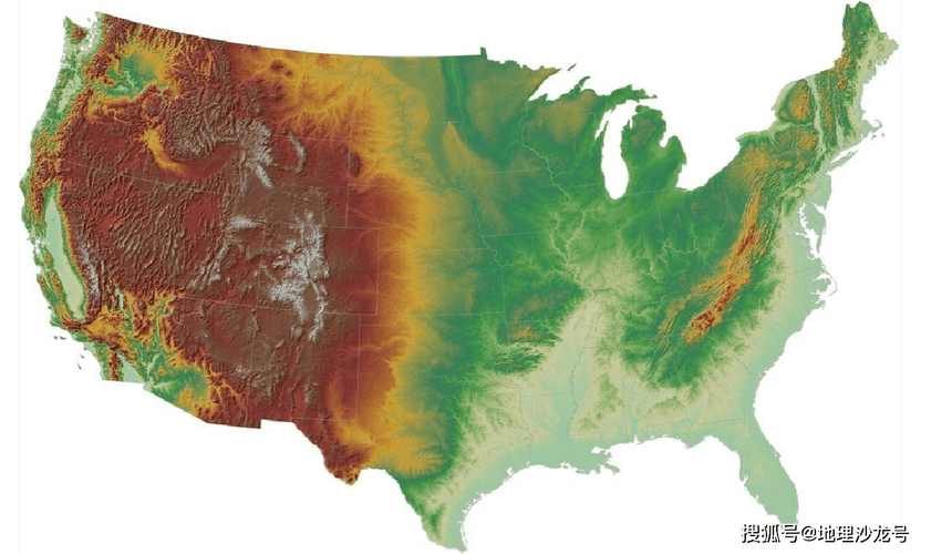 美国本土地形图美国本土的地形可以分为东中西三大纵列带,西部为高原