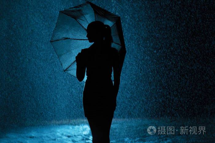 剪影少女的身影在雨中撑伞,一位年轻女子高兴地滴水,概念天气和心情