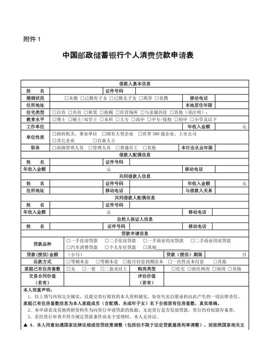 中国邮政储蓄银行个人消费贷款申请表