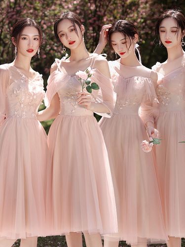 粉色伴娘夏季婚礼姐妹中长小个子气质平时可穿礼服