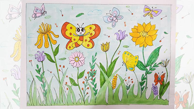 画出一些飘散的蒲公英,最后给蝴蝶,花朵和草丛都涂上色,这幅蝴蝶 儿童