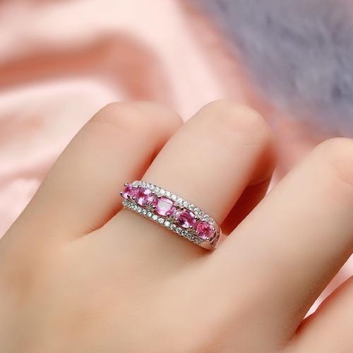 天然粉色蓝宝石戒指火彩色彩绚丽主石4mm925精工戒指