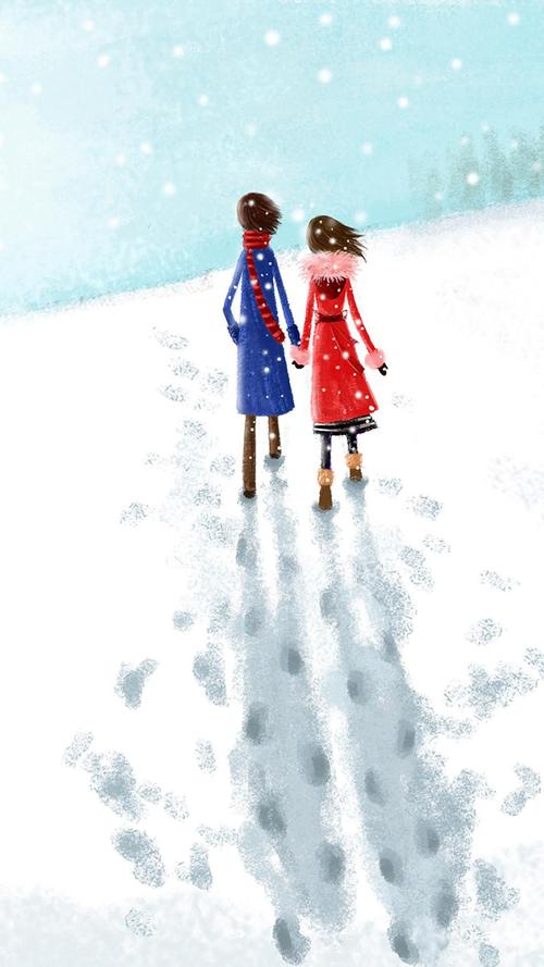 雪中散步的情侣