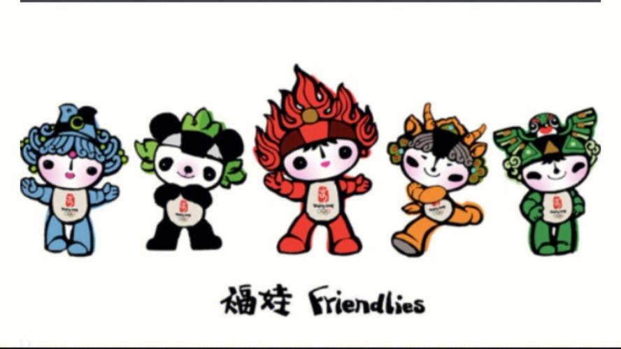 吉祥物名称:福娃(贝贝,晶晶,欢欢,迎迎,妮妮)所属活动名称:2008年北京