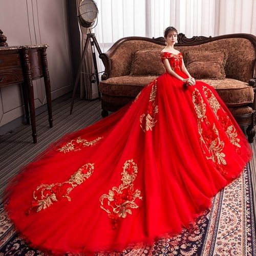 新娘中式拖尾婚纱礼服红色2022新款一字肩孕妇高腰胖mm遮孕肚显瘦红色