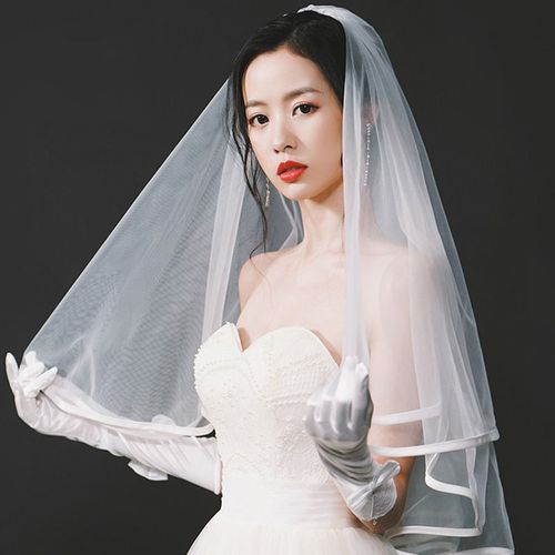 新娘结婚主婚纱头纱超仙森系简约短款白色素纱领证登记头纱头饰