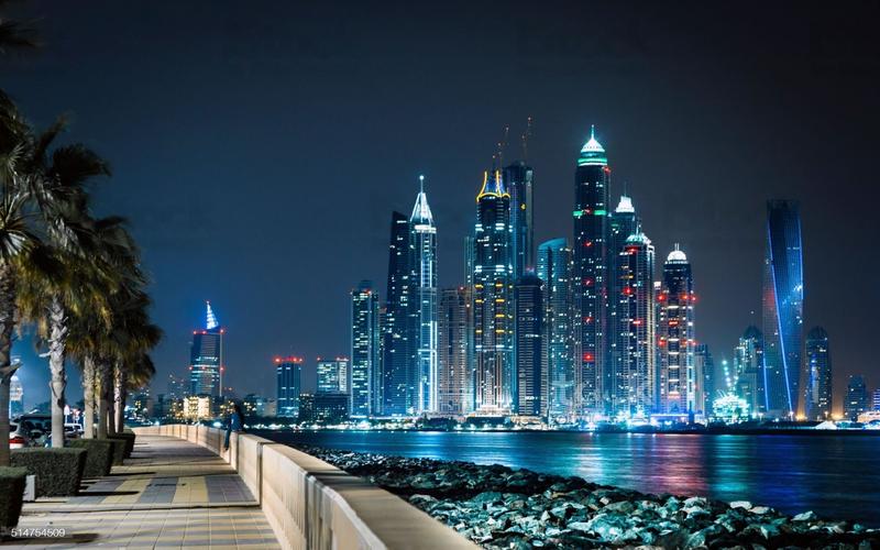 迪拜城市码头夜景灯光 摩天大楼夜景灯光