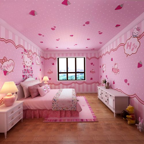kitty猫儿童房墙纸女孩少女公主粉色卡通图案卧室背景墙壁纸墙布