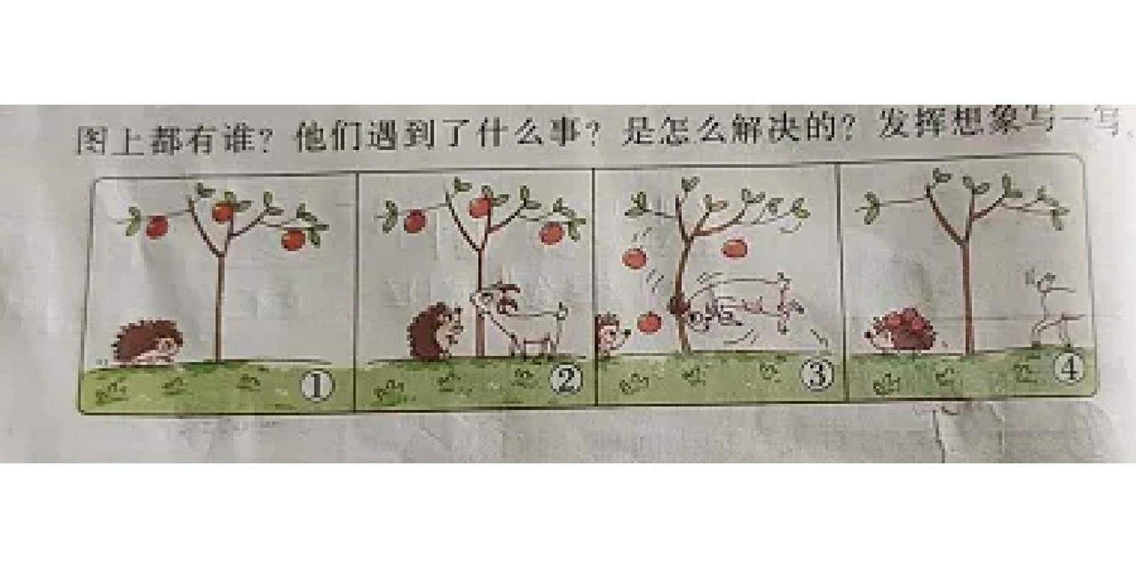 二年级看图写话《小刺猬摘苹果》  有一天,小刺猬到森林里摘苹果.
