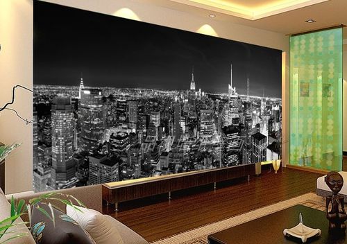 欧式黑白城市建筑 夜景大型壁画个性夜色背景墙壁纸 简约客厅墙纸