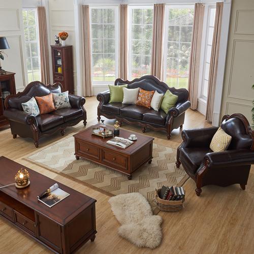 美式头层真皮牛皮沙发三人位 欧式真皮实木沙发123组合客厅家具