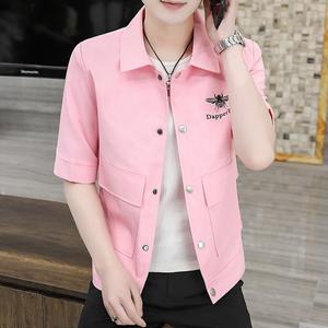 夏季七分袖衬衫男韩版潮流修身五分短袖衬衣男装粉色中袖夹克外套