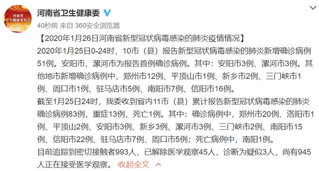 【2020年1月26日河南省新型冠状病毒感染的肺炎疫情情况】