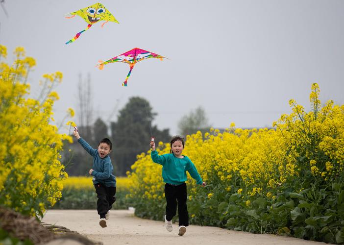 3月14日,小朋友在安州区秀水镇龙泉村放风筝.