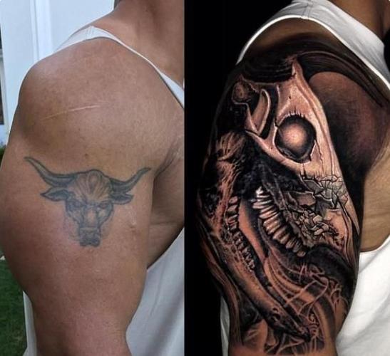 道恩强森右臂的牛头骨新纹身源自纹身师yomicoart之手